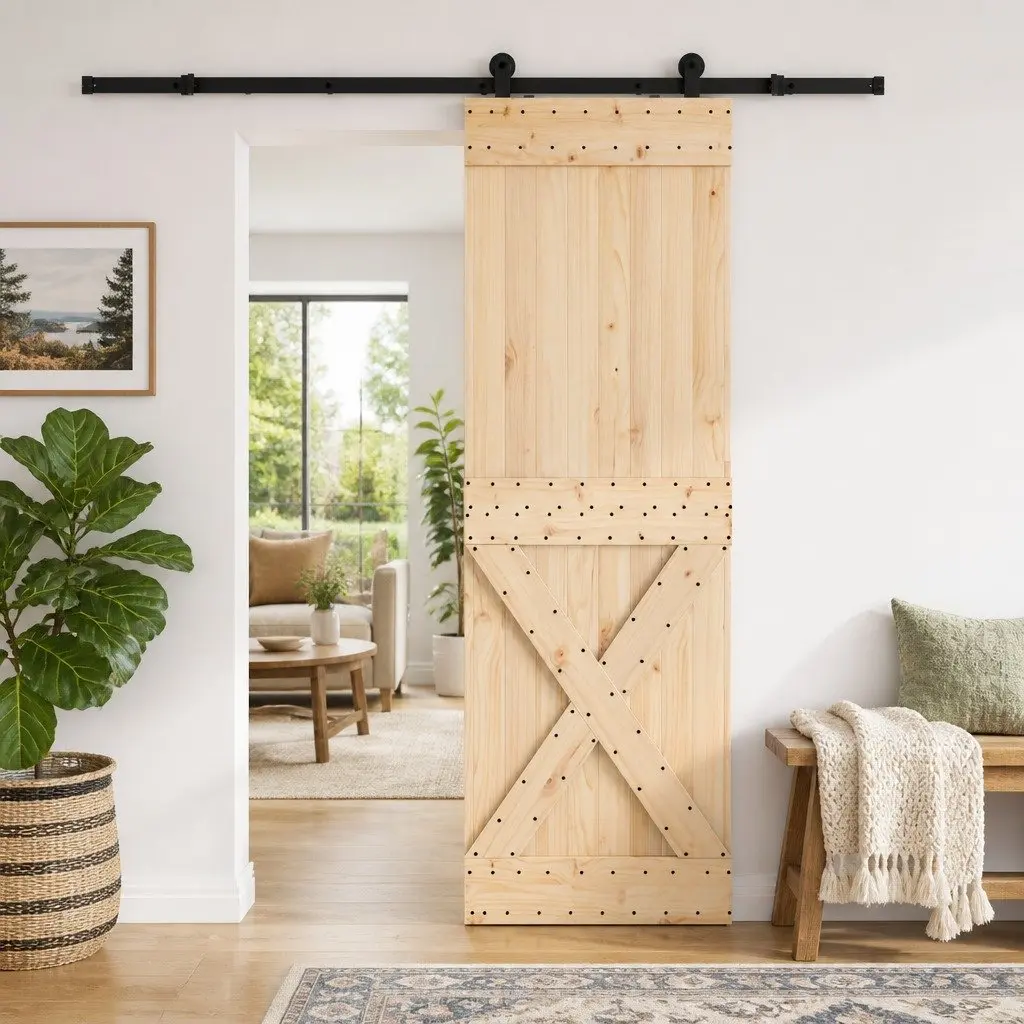 Sliding Door Natural Pine Wood Black Steel Track Space-Saving Modern 70cm x 210cm