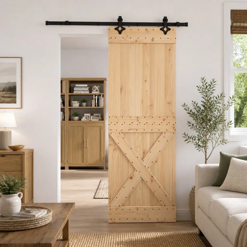 Sliding Door Modern Room Divider Solid Pine Wood 80 x 210 cm Black Track
