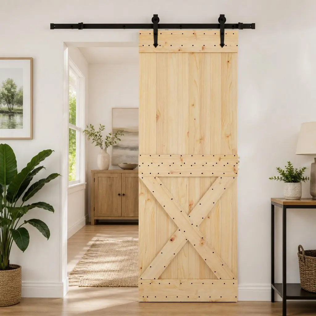 Sliding Door Natural Pine Wood Black Track Modern Room Divider 80 cm x 210 cm