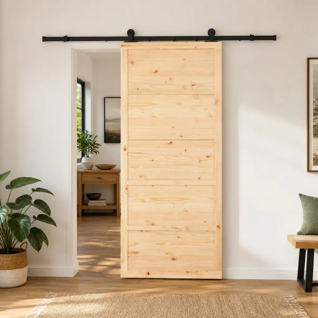 Sliding Door Natural Solid Pine Wood 100 x 208 cm Powder-Coated Steel Track