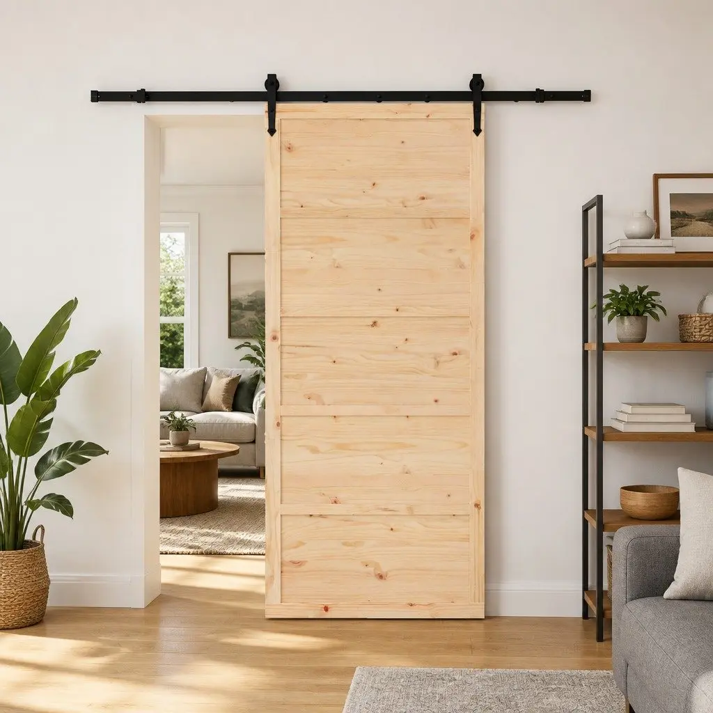 Sliding Door 100 x 208 cm Solid Pine Wood Natural Brown Modern Interior Room
