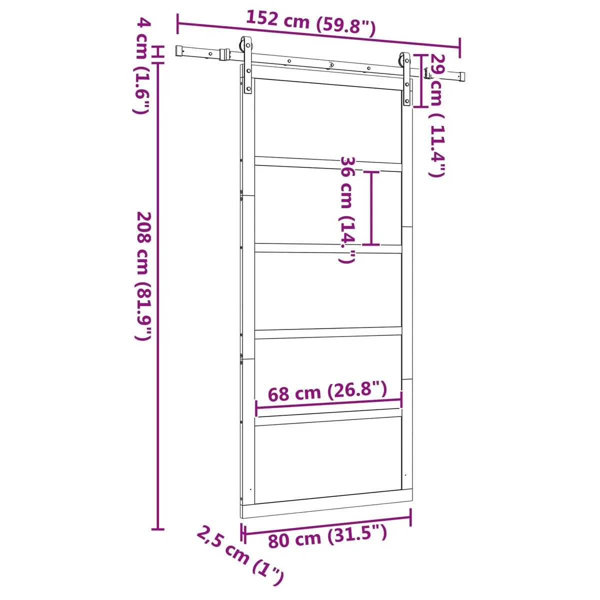 Solid Pine Wood Sliding Door Natural Finish 80x208cm Space Saving Top Track Modern Room Divider