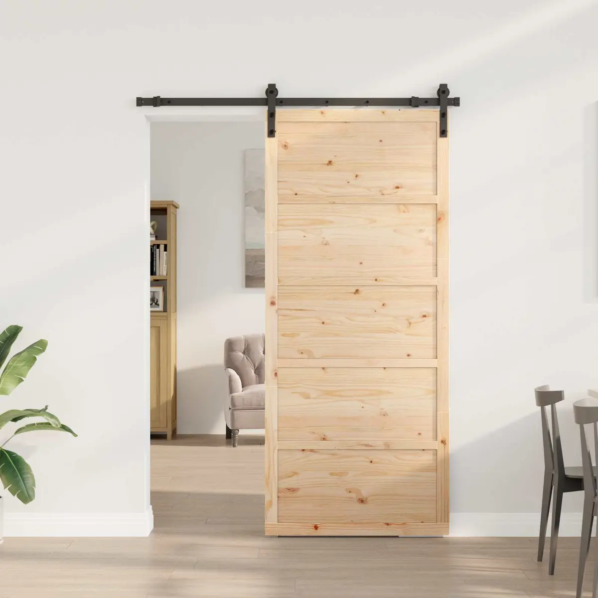 Solid Pine Wood Sliding Door Natural Finish 80x208cm Space Saving Top Track Modern Room Divider
