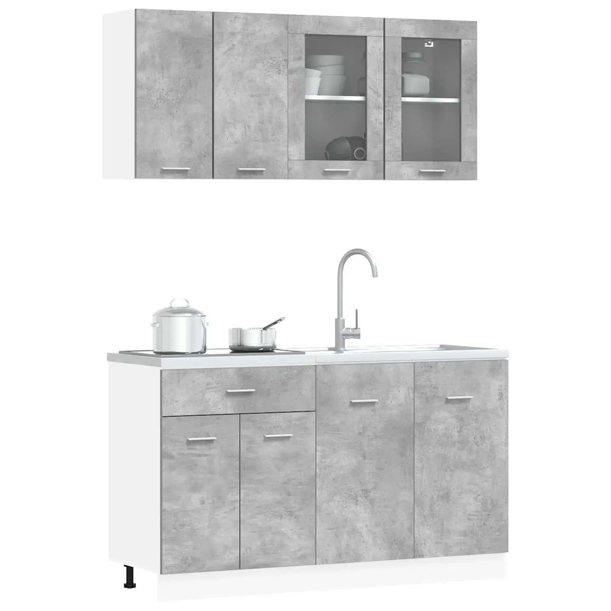 Kitchen Cabinet Set Grey Engineered Wood 4 Piece Storage Unit with Drawers and Shelves