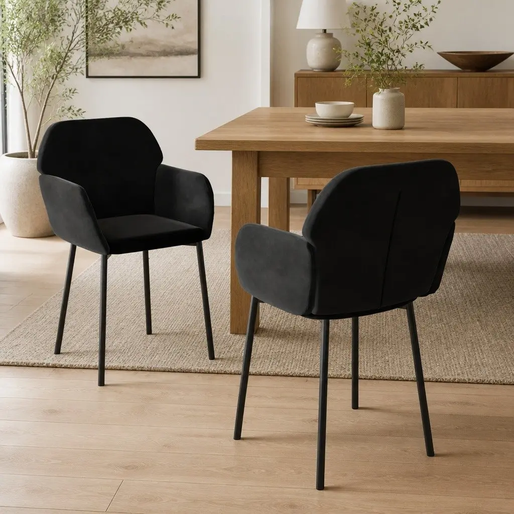 Dining Chairs Velvet Black Padded Armrest Backrest 2 Piece