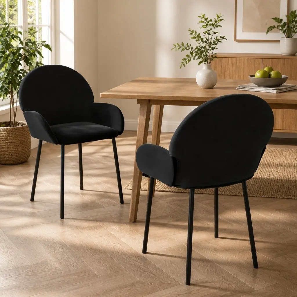 Dining Chairs Velvet Black 2 Piece Padded Armrest Backrest