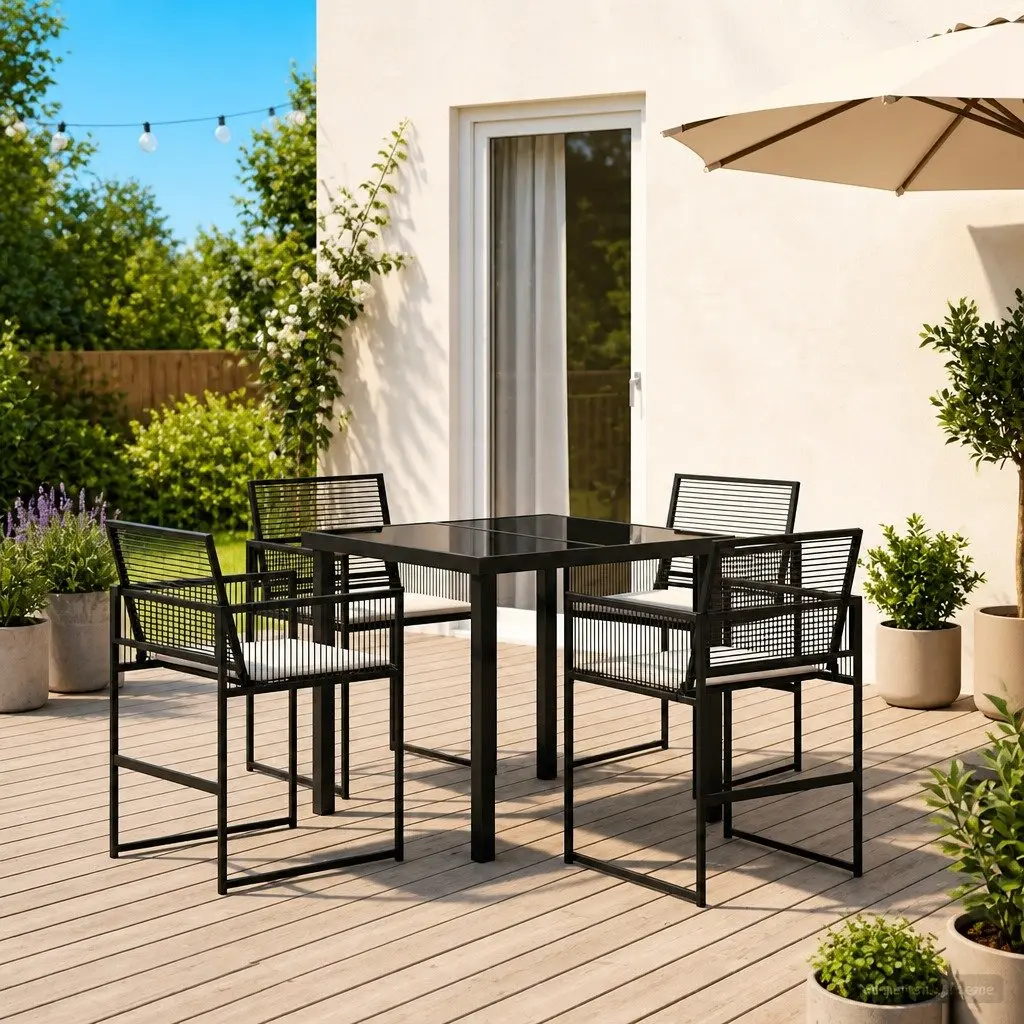 Outdoor Dining Set 5 Piece Black Poly Rattan Garden Furniture with Glass Table