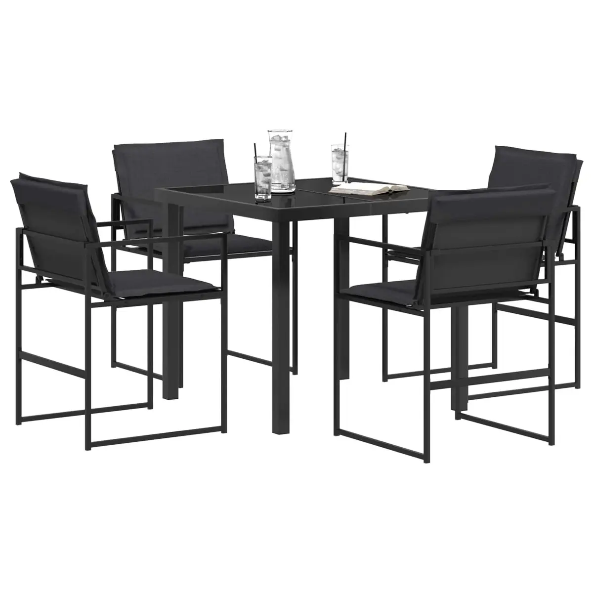 Outdoor Dining Set 5 Piece Black Steel Frame Tempered Glass Table and Textilene Fabric Chairs