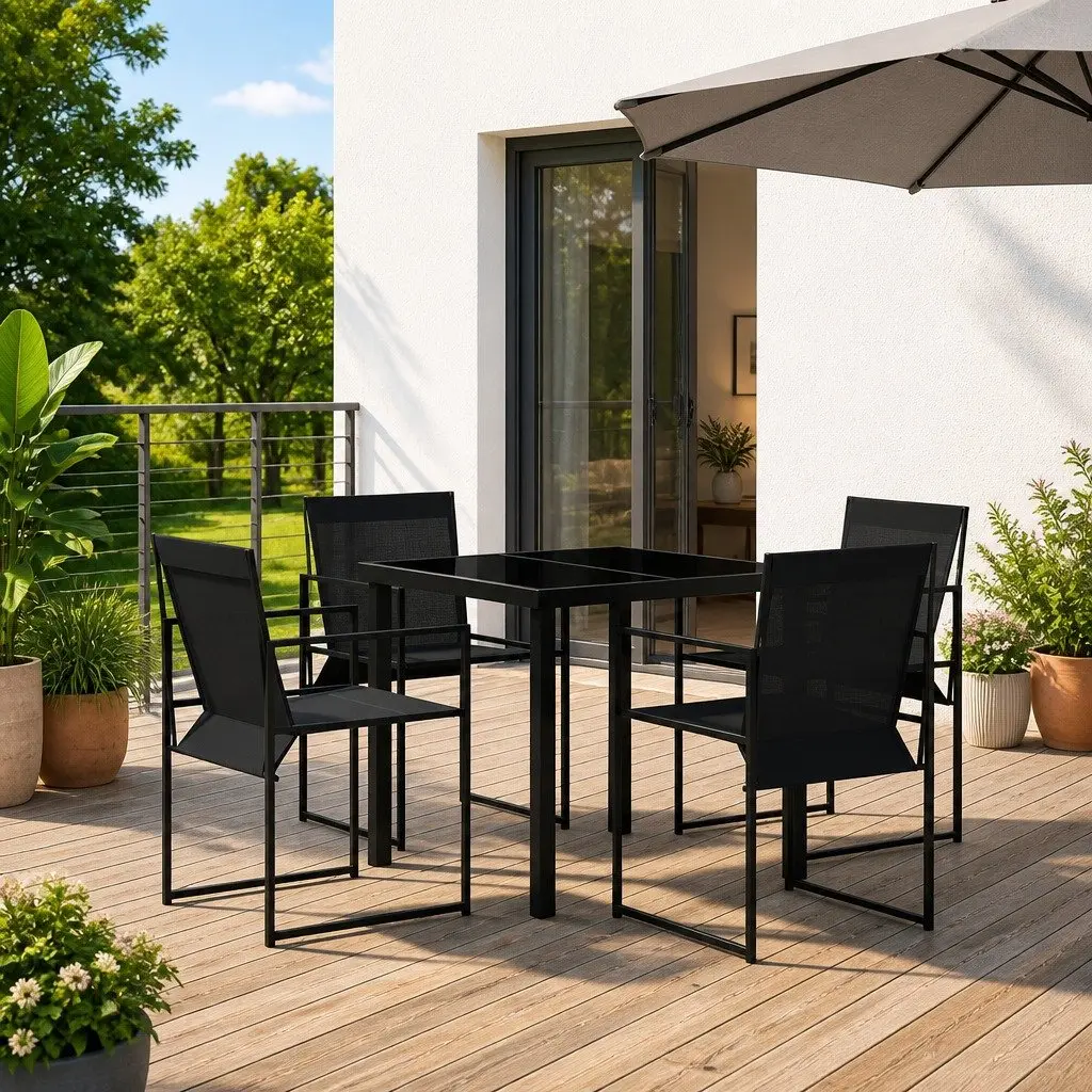Outdoor Dining Set Black Textilene Steel 5 Pieces