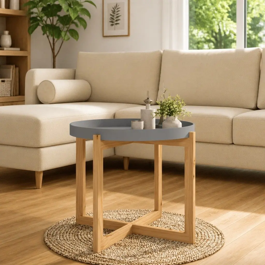 Grey Coffee Table Engineered Wood 53x53x43.5cm Solid Pinewood Feet Accent Side