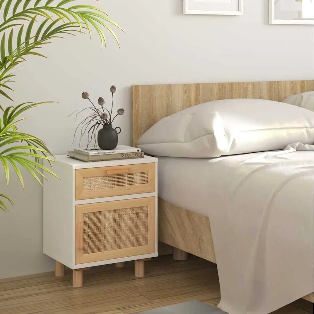 Bedside Cabinet 2 pcs White Solid Pine Wood Rattan Drawer Storage Nightstand