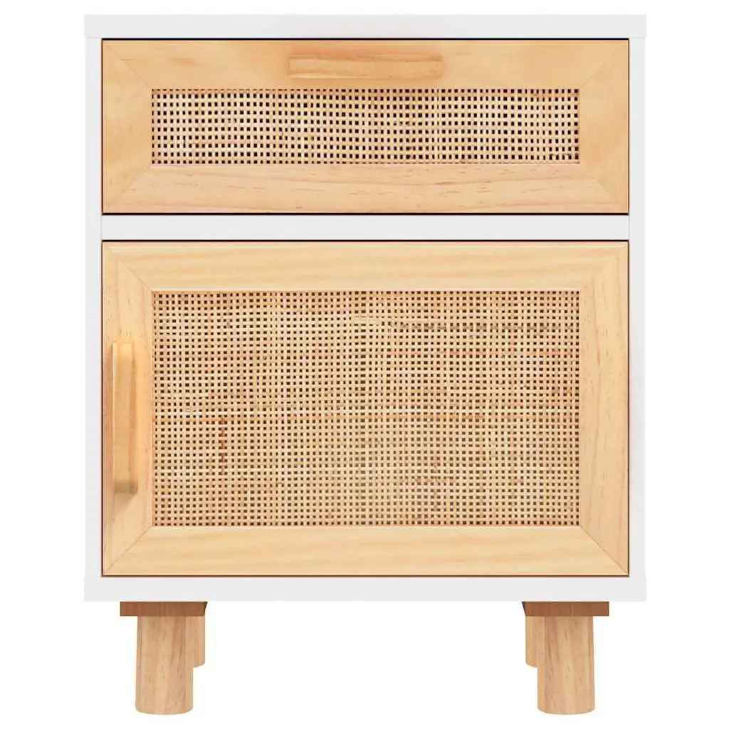 Bedside Cabinet 2 pcs White Solid Pine Wood Rattan Drawer Storage Nightstand