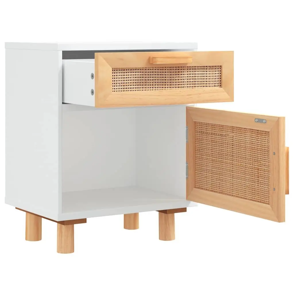 Bedside Cabinet 2 pcs White Solid Pine Wood Rattan Drawer Storage Nightstand