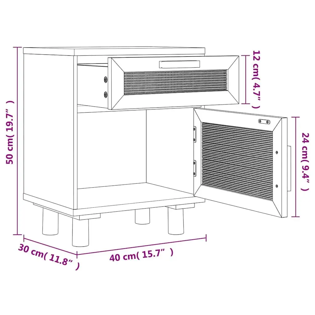 Bedside Cabinet 2 pcs White Solid Pine Wood Rattan Drawer Storage Nightstand
