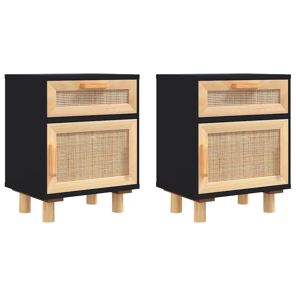 Bedside Cabinet Black Solid Pine Wood Rattan Nightstand Storage Drawer 2 Pcs