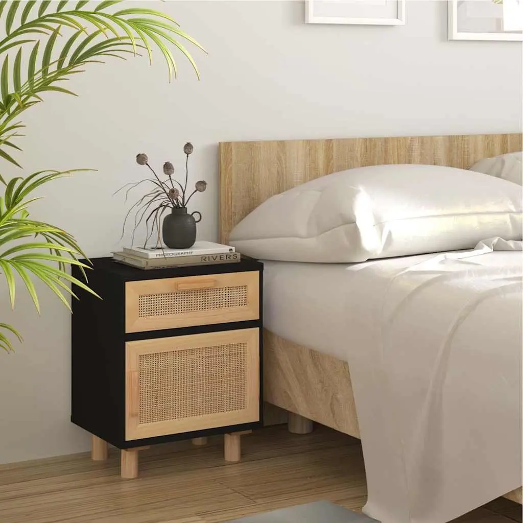 Bedside Cabinet Black Solid Pine Wood Rattan Nightstand Storage Drawer 2 Pcs