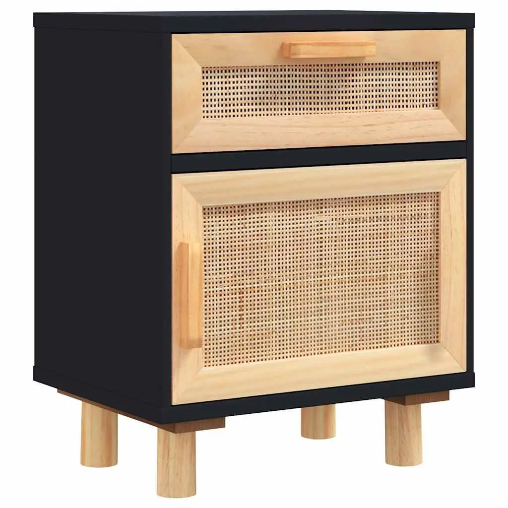 Bedside Cabinet Black Solid Pine Wood Rattan Nightstand Storage Drawer 2 Pcs