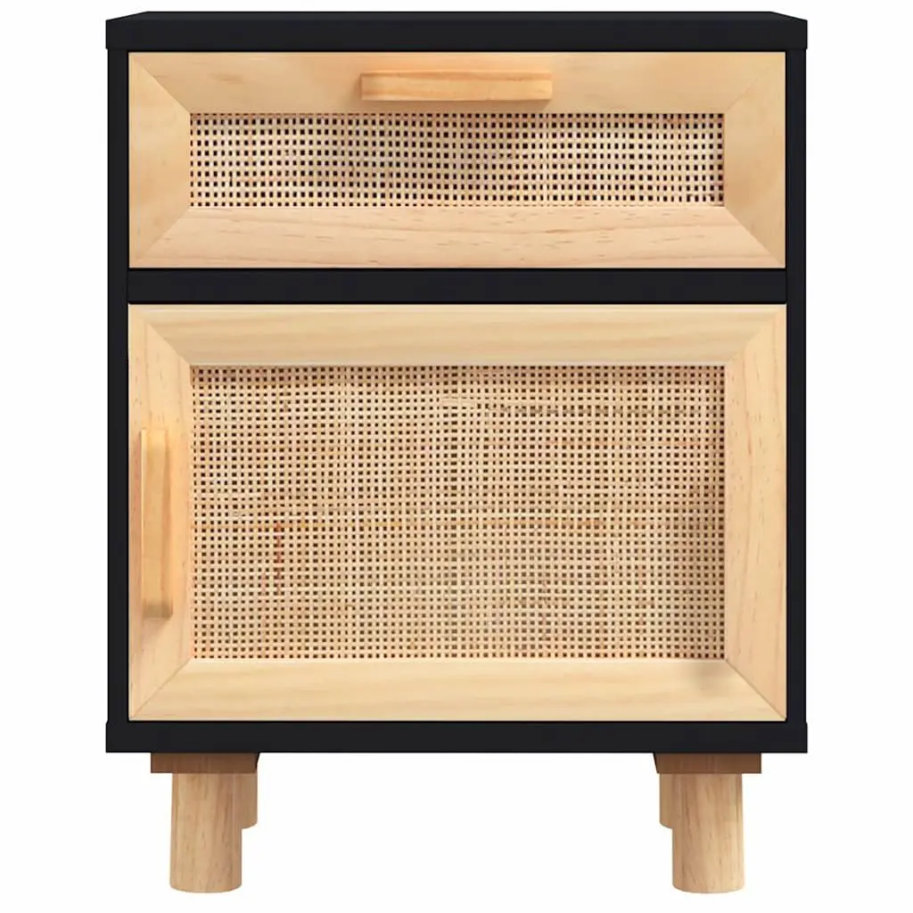 Bedside Cabinet Black Solid Pine Wood Rattan Nightstand Storage Drawer 2 Pcs