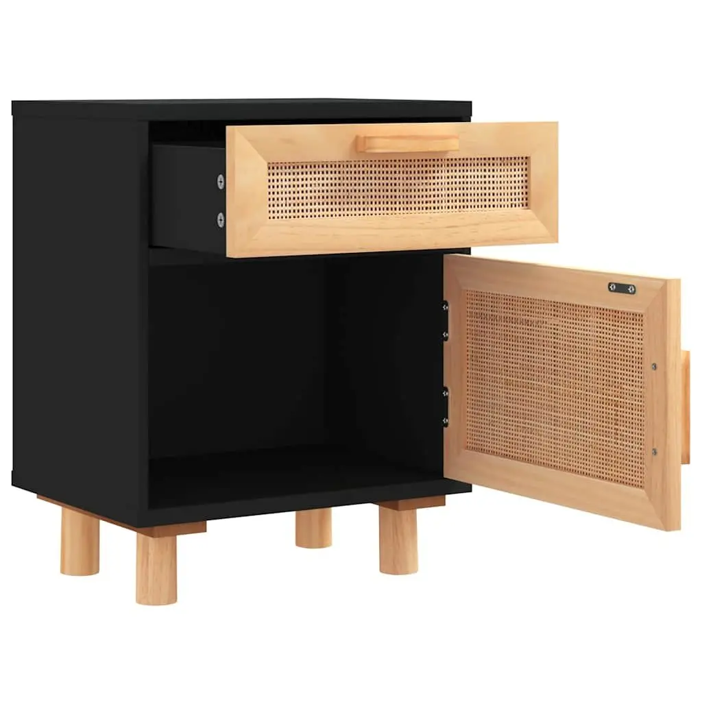 Bedside Cabinet Black Solid Pine Wood Rattan Nightstand Storage Drawer 2 Pcs