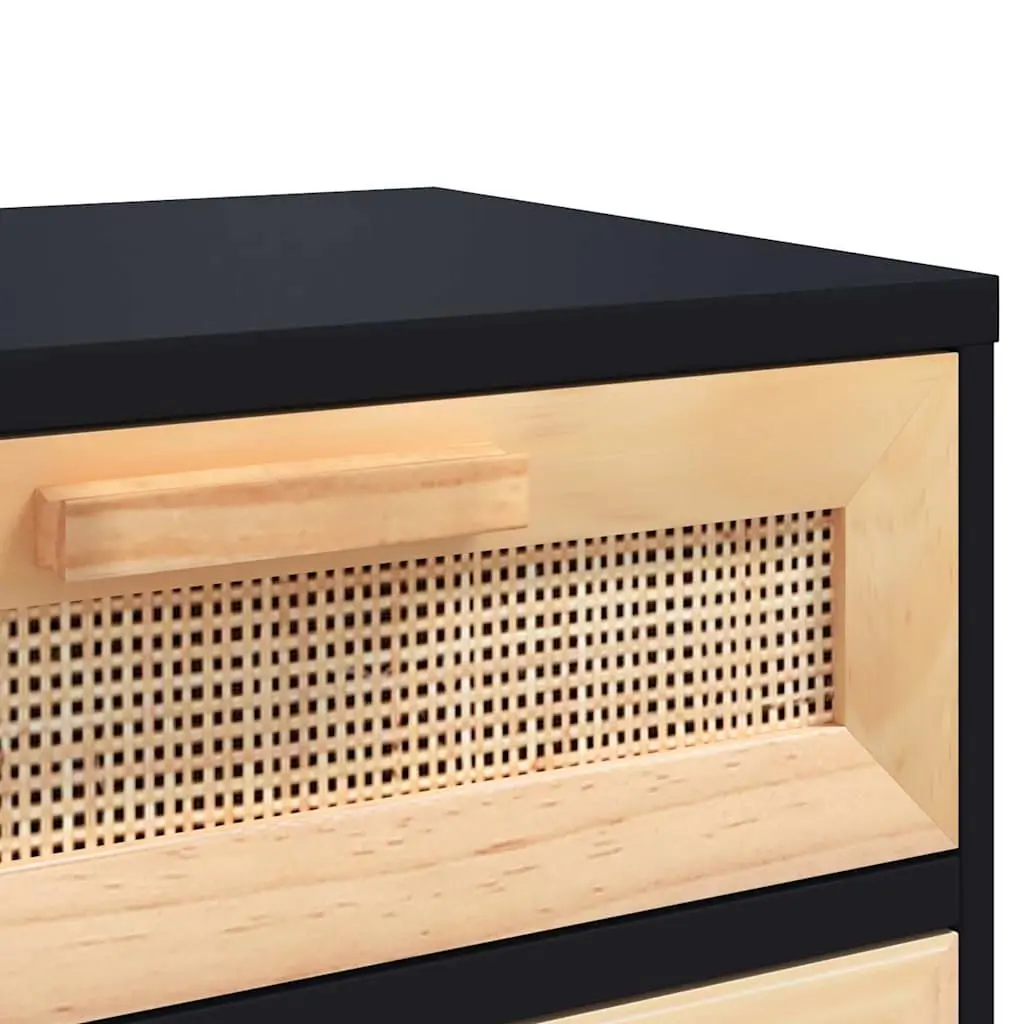 Bedside Cabinet Black Solid Pine Wood Rattan Nightstand Storage Drawer 2 Pcs