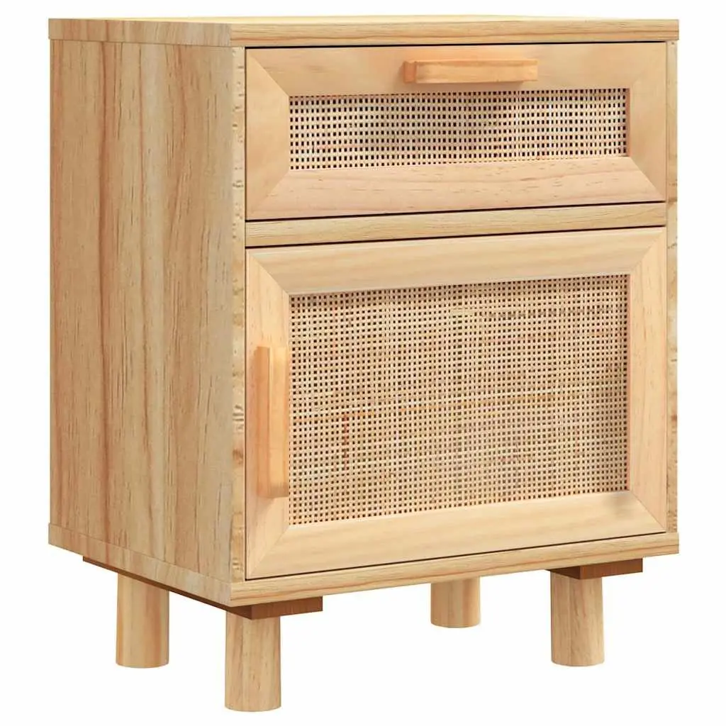 Bedside Cabinet 2 pcs Brown Solid Wood Pine Rattan Storage Drawer Nightstand