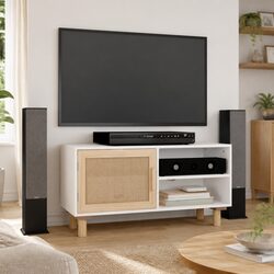 TV Cabinet White Storage Unit 3 Compartment Rattan Door Media Stand Furniture
