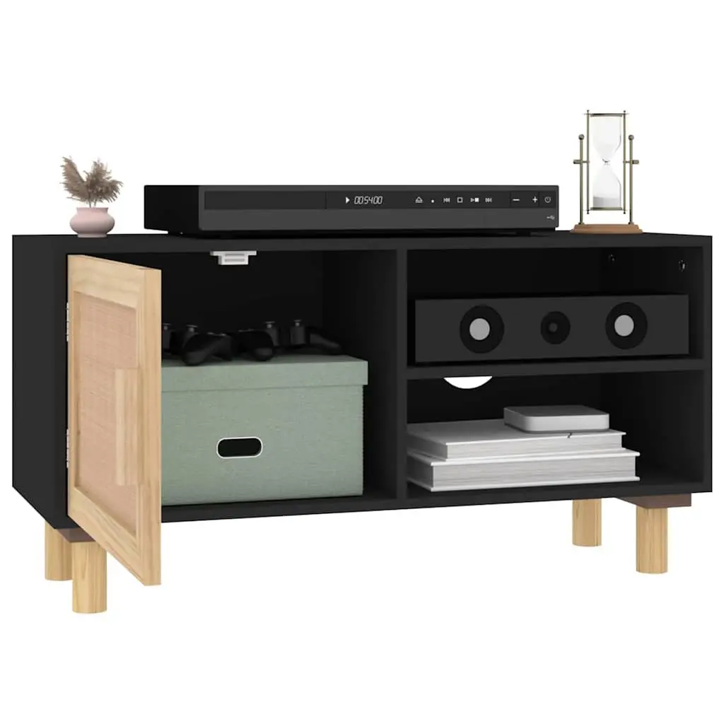 TV Cabinet Black Storage Unit 3 Compartments Rattan Door Solid Wood Feet Media
