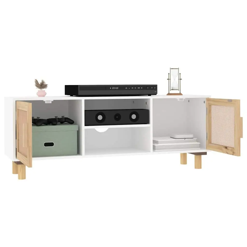 TV Cabinet White 105x30x40 cm Storage Unit with Rattan Door Compartments