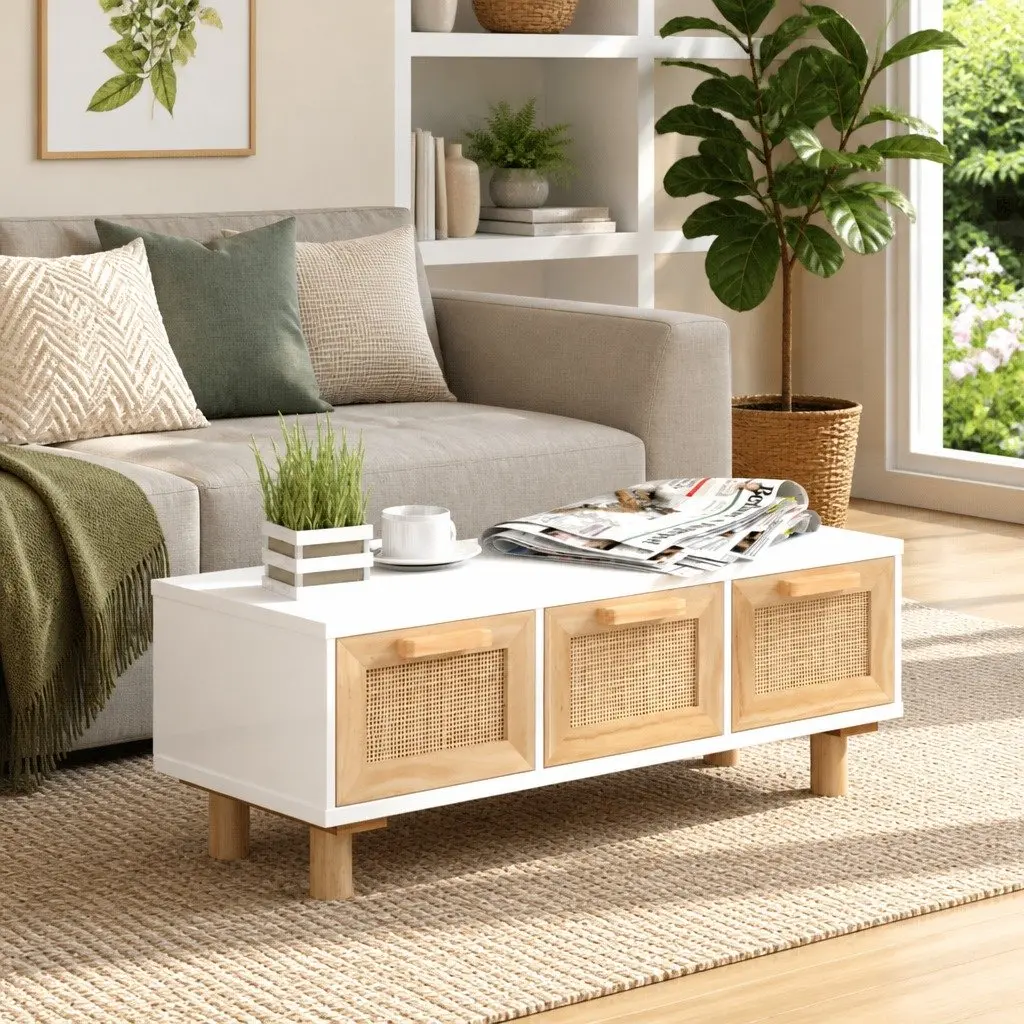 Coffee Table White 80x40x30cm 3 Drawers Rattan Weaving Storage Side Table