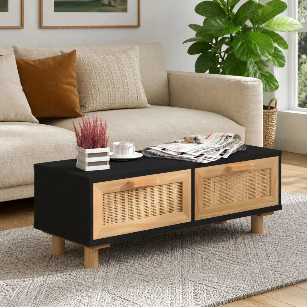 Coffee Table Black Rattan Weaving Storage Drawers 80L x 40W x 30H cm