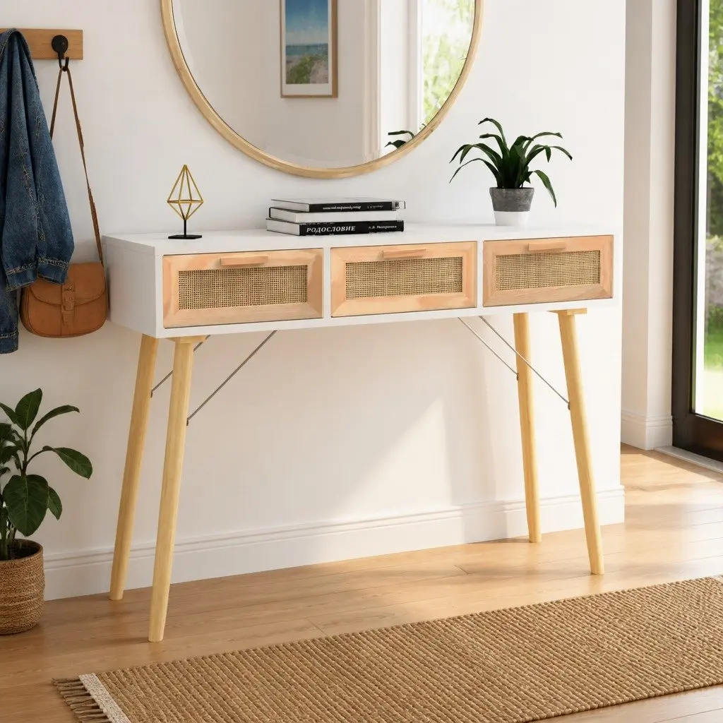 Console Table with Rattan Drawers