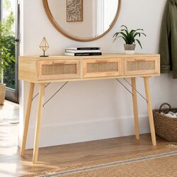 Console Table Brown End Table with Storage Drawers Rattan Weaving Design