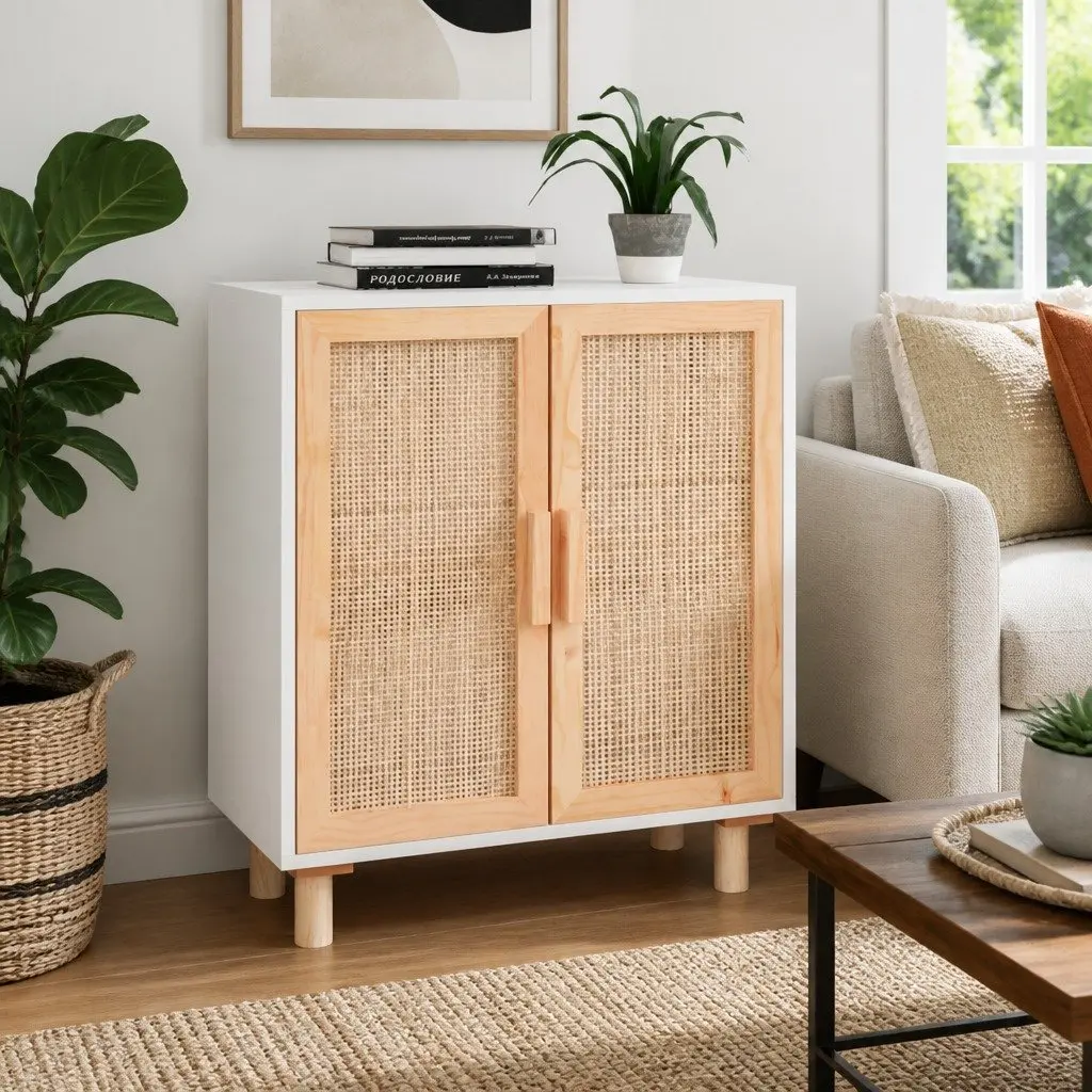 Sideboard White 60x30x70 cm Storage Cabinet with Rattan Door Design Furniture