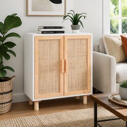 Your New Favorite White Sideboard with Rattan Design 60x30x70 cm