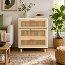 Sideboard White 60x30x70 cm Storage Cabinet with Drawers and Rattan Weaving
