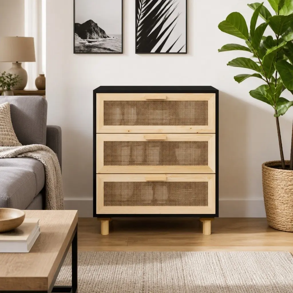 Sideboard Storage Cabinet with 3 Drawers Rattan Design Black 60x30x70cm
