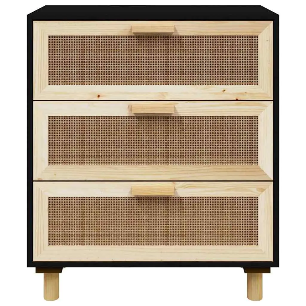 Sideboard Storage Cabinet with 3 Drawers Rattan Design Black 60x30x70cm