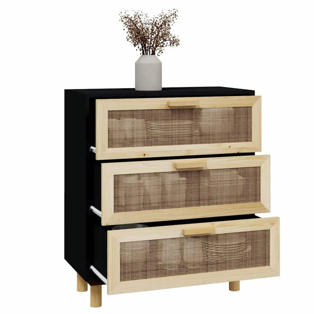 Sideboard Storage Cabinet with 3 Drawers Rattan Design Black 60x30x70cm
