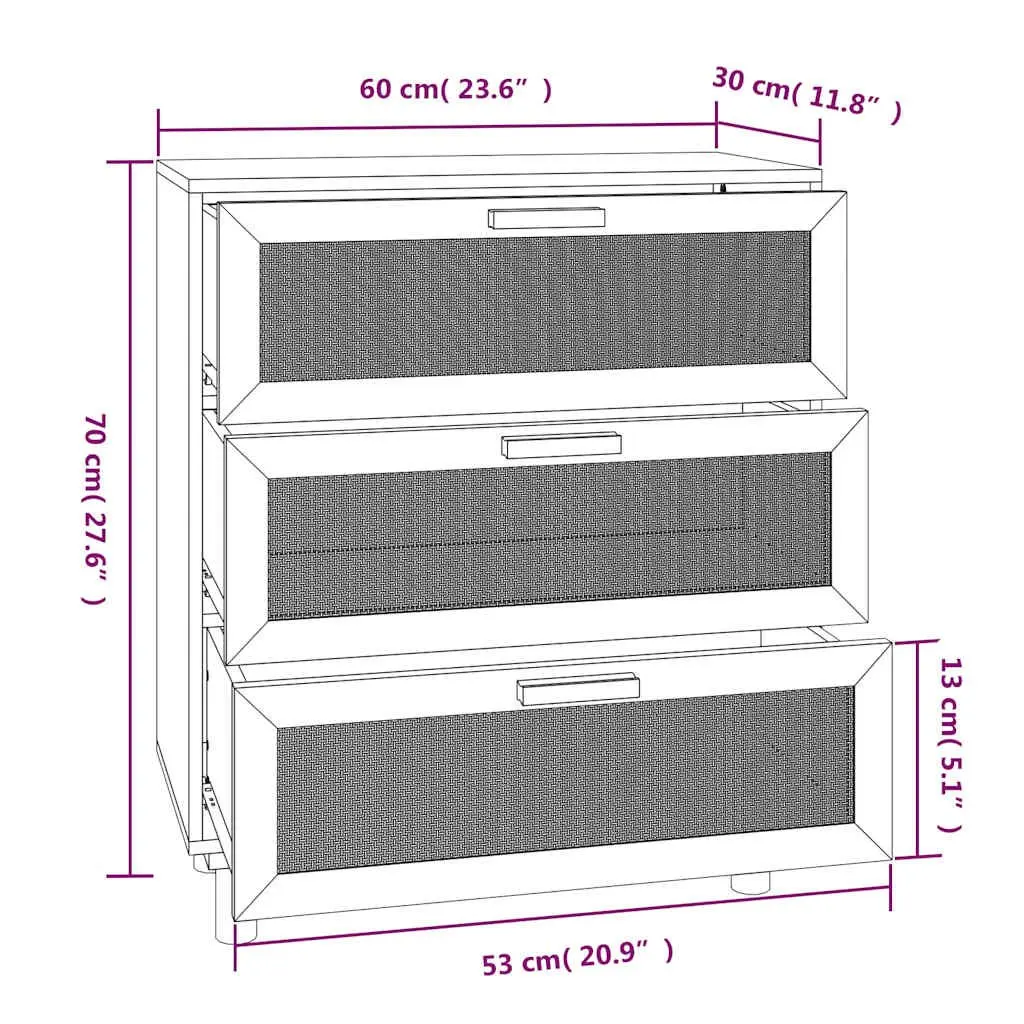Sideboard Cabinet Brown Rattan Weaving 60x30x70cm 3 Drawers