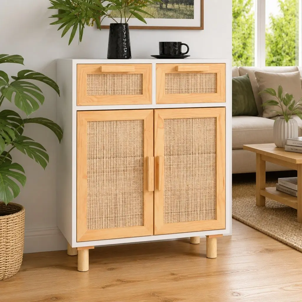 Sideboard Cabinet White Rattan Door 2 Drawers 60W x 30D x 75H cm