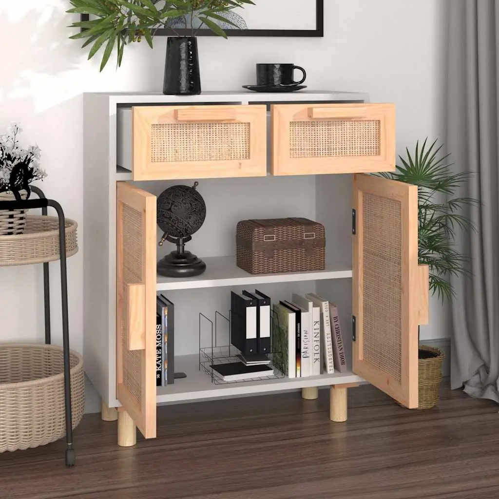 Sideboard Cabinet White Rattan Door 2 Drawers 60W x 30D x 75H cm