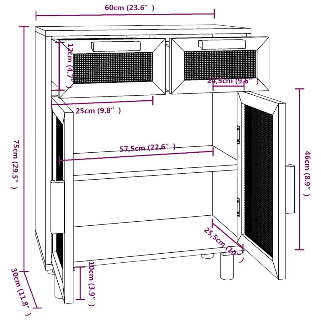 Sideboard Cabinet White Rattan Door 2 Drawers 60W x 30D x 75H cm