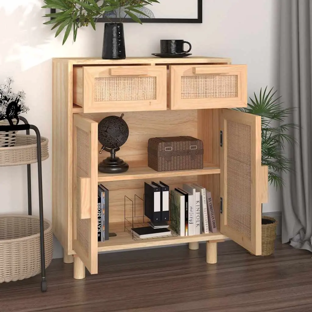 Sideboard Cabinet Brown Natural Rattan Weaving 60x30x75cm Solid Wood Pine