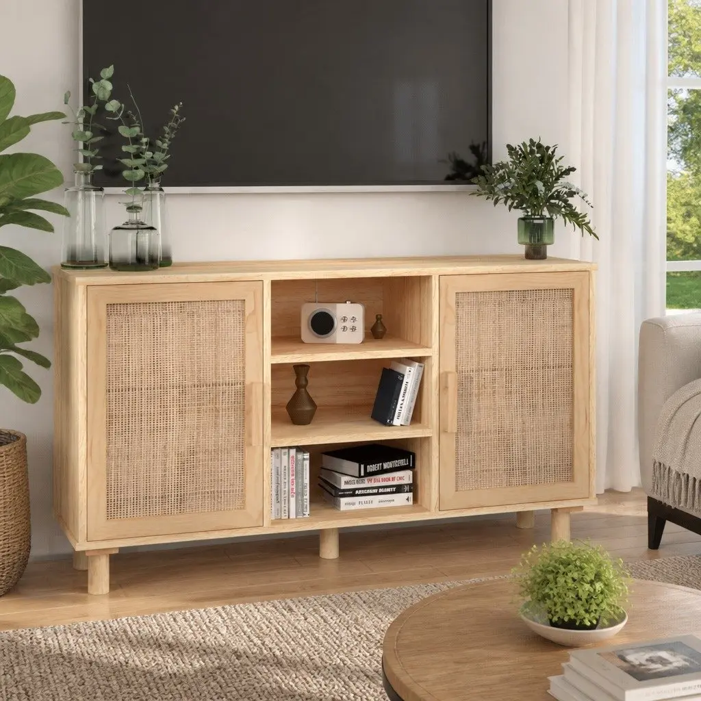 Sideboard Cabinet Brown 105x30x60cm Storage Furniture Rattan Door Design