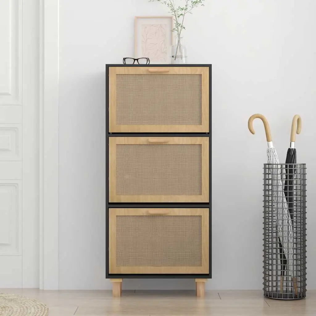 Shoe Cabinet Storage Organiser Black Scandinavian Design 3 Drawer Rattan Weaving