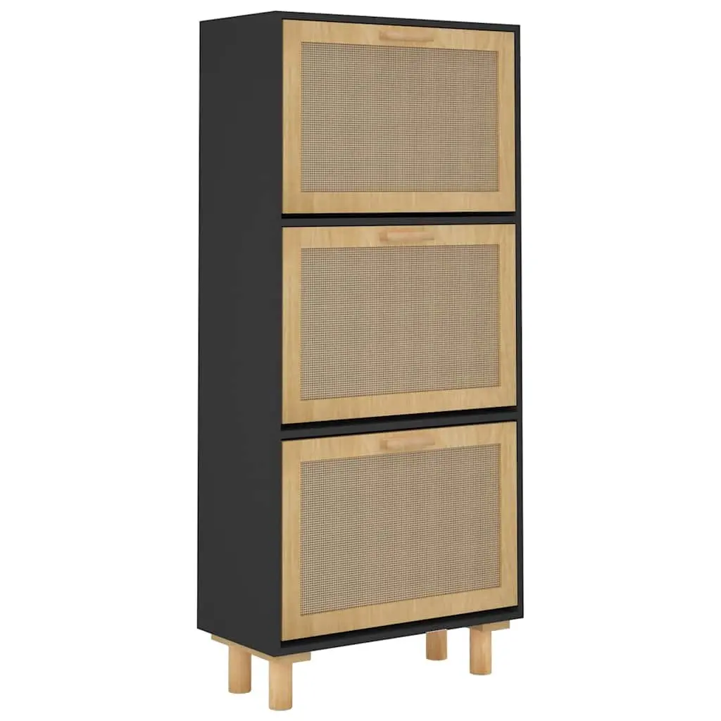 Shoe Cabinet Storage Organiser Black Scandinavian Design 3 Drawer Rattan Weaving