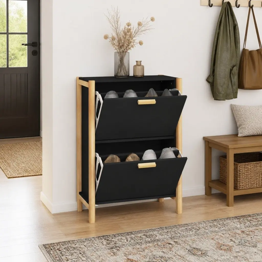 Shoe Cabinet Black Engineered Wood Storage Organiser 57.5W x 33D x 80H cm