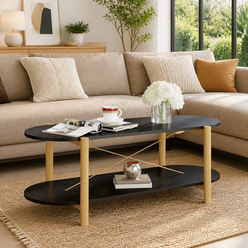 Coffee Table Black Storage Accent Living Room Furniture Engineered Wood Legs