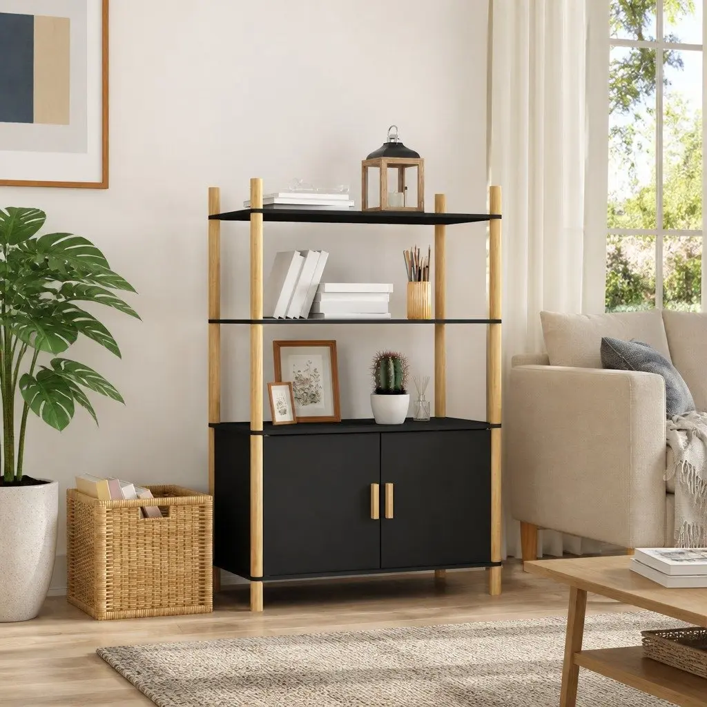 Highboard Storage Cabinet Black Engineered Wood 80W x 40D x 121H cm