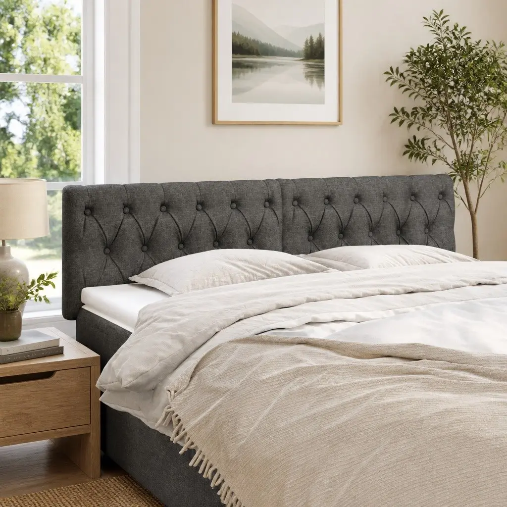 Headboard Dark Grey Fabric Bedroom Furniture with Wooden Legs Adjustable Height